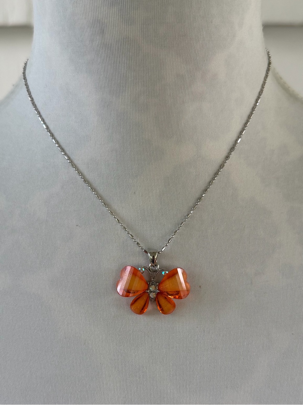 Orange Crystal Butterfly Pendant Necklace – Silver Tone Chain Sparkly Statement